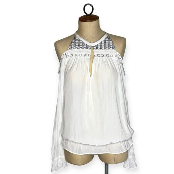Ramy Brook White cold shoulder blouse with embroidered accents women's sz small - Picture 1 of 6